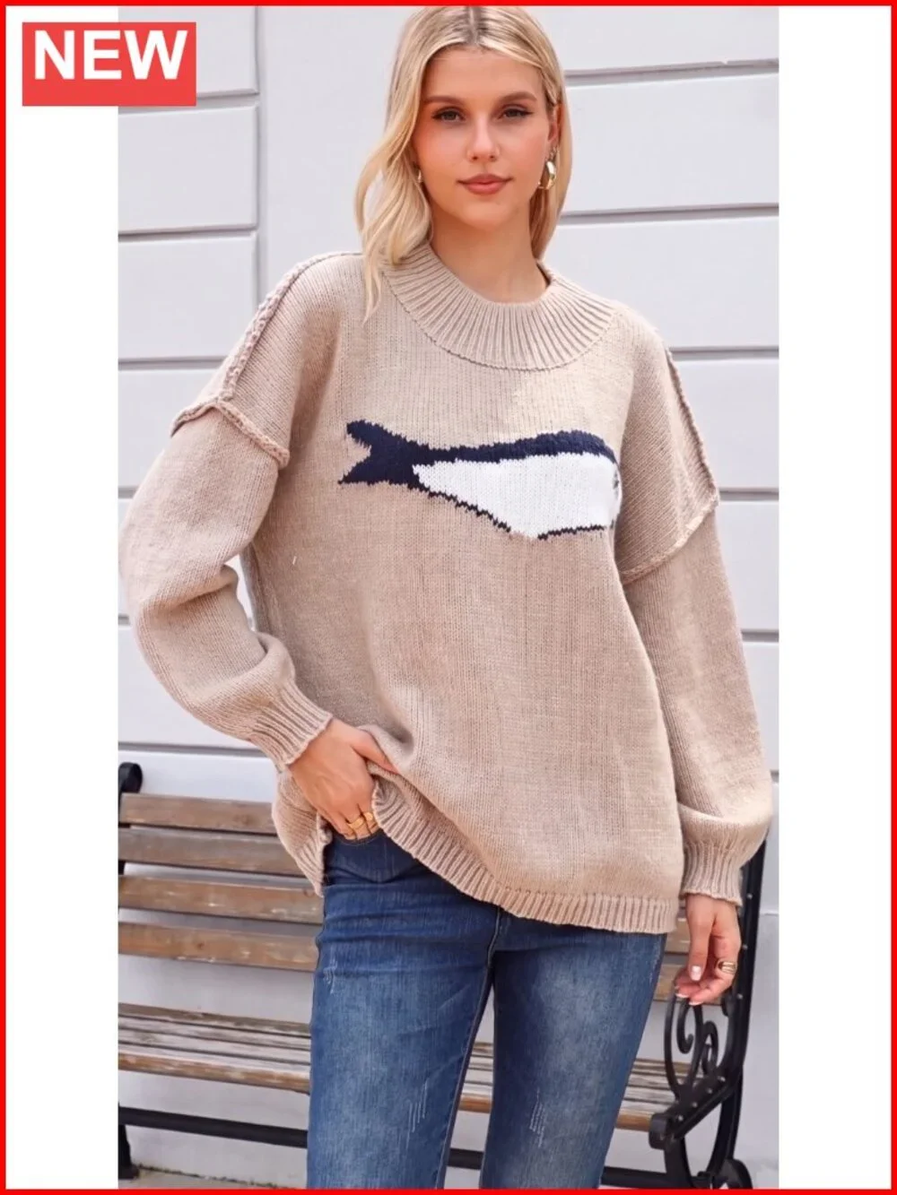 Womens Chunky Knit Mock Neck Sweater Fish Graphic Oversized Pullover